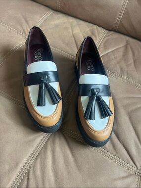 Franco Sarto Tan/Black/White Tassel Penny Loafers